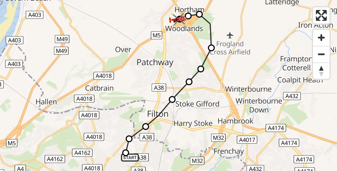 Flight route Air Ambulance Helicopter Southmead Hospital - Almondsbury Helicopter Base, 05 August 2026, 11:18