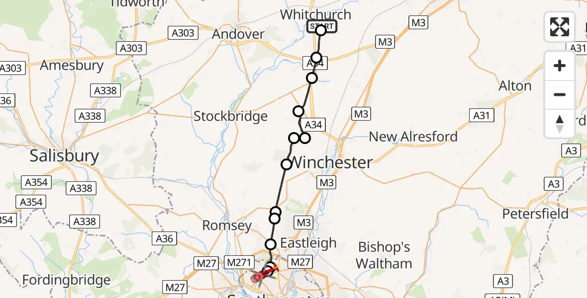 Flight route Air Ambulance Helicopter Whitchurch - Shirley Warren, 05 August 2026, 11:23