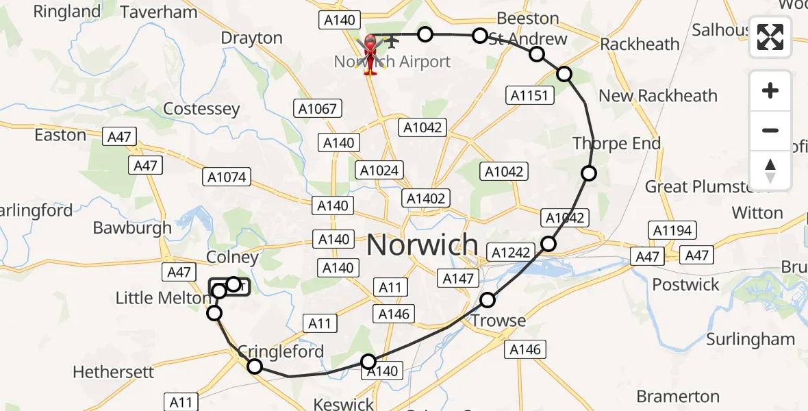Flight route Air Ambulance Helicopter Norfolk & Norwich Hospital - Norwich Airport, 05 August 2026, 11:25