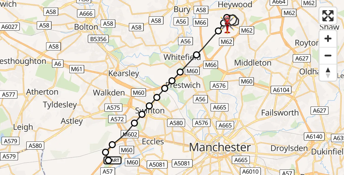 Flight route Air Ambulance Helicopter Manchester Barton Aerodrome - Heywood, 05 August 2026, 11:28