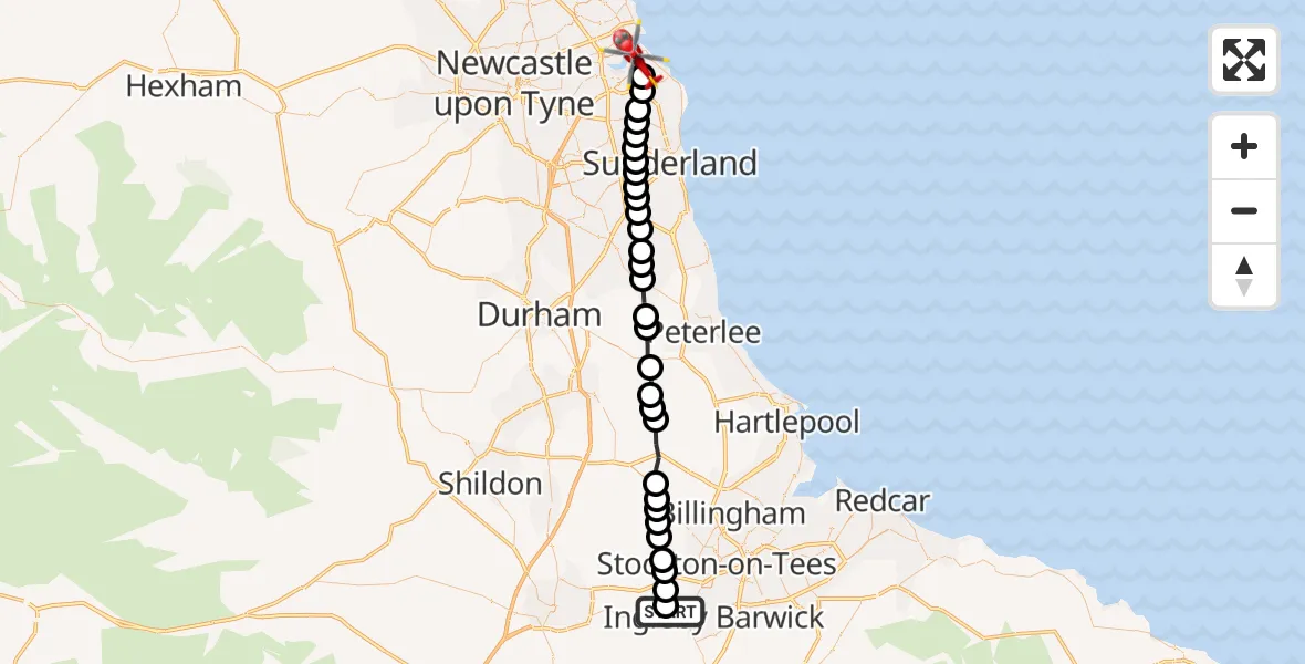 Flight route Air Ambulance Helicopter Egglescliffe - South Shields, 05 August 2026, 11:31