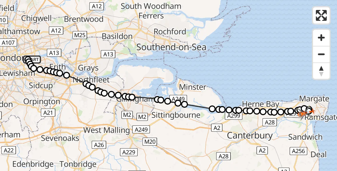 Flight route Coastguard Helicopter London City Airport - Manston Airport, 05 August 2026, 11:38