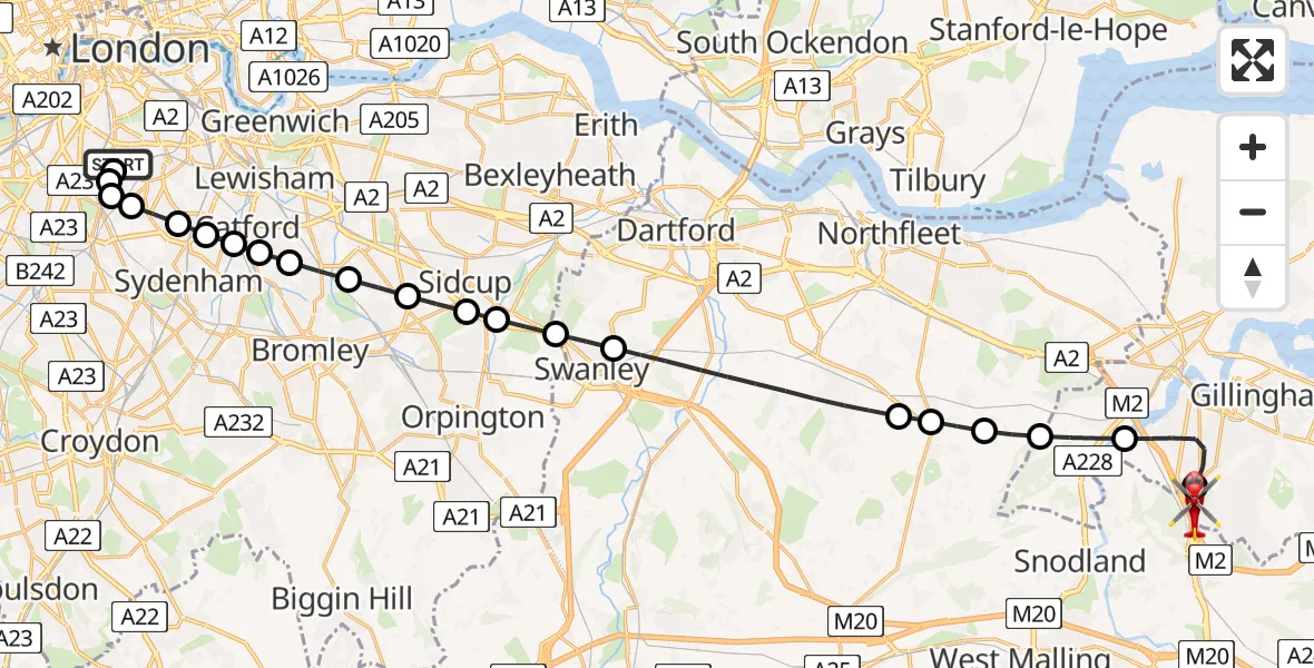 Flight route Air Ambulance Helicopter Kings College London Hospital - Rochester Airport, 05 August 2026, 11:49