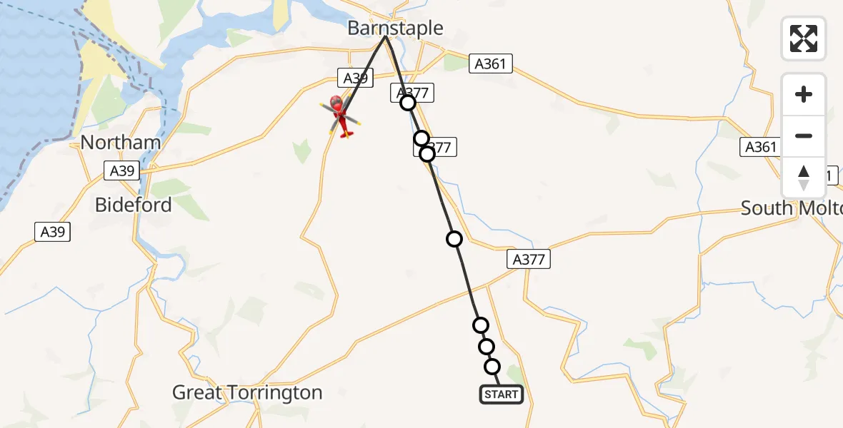 Flight route Air Ambulance Helicopter Roborough - Eastacombe, 05 August 2026, 11:51