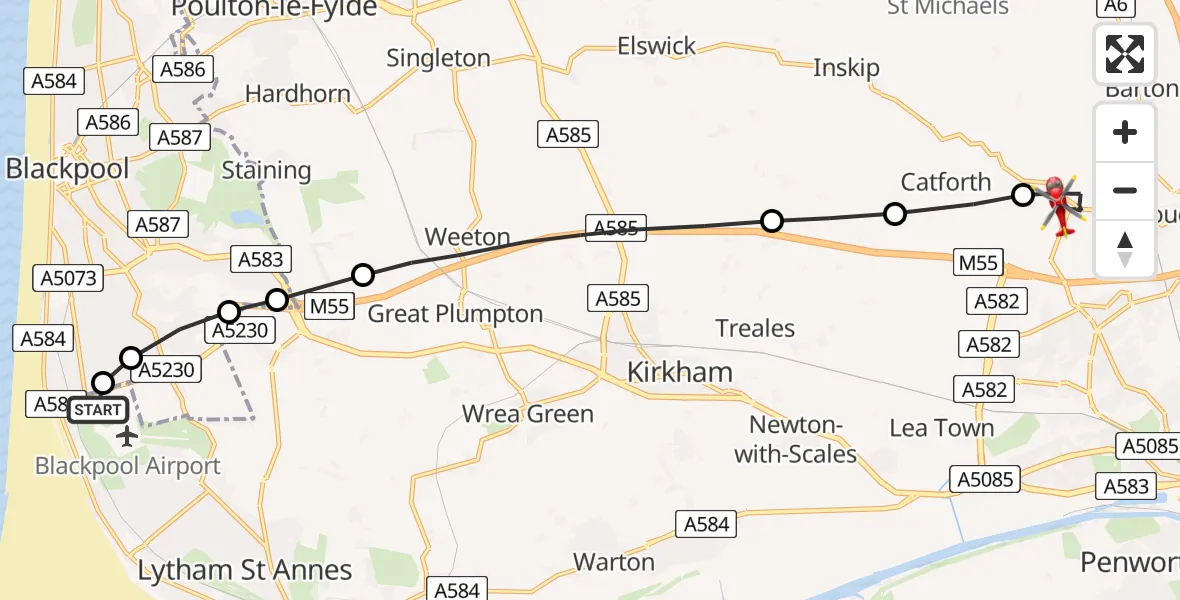 Flight route Air Ambulance Helicopter Blackpool Airport - Woodplumpton, 05 August 2026, 12:04