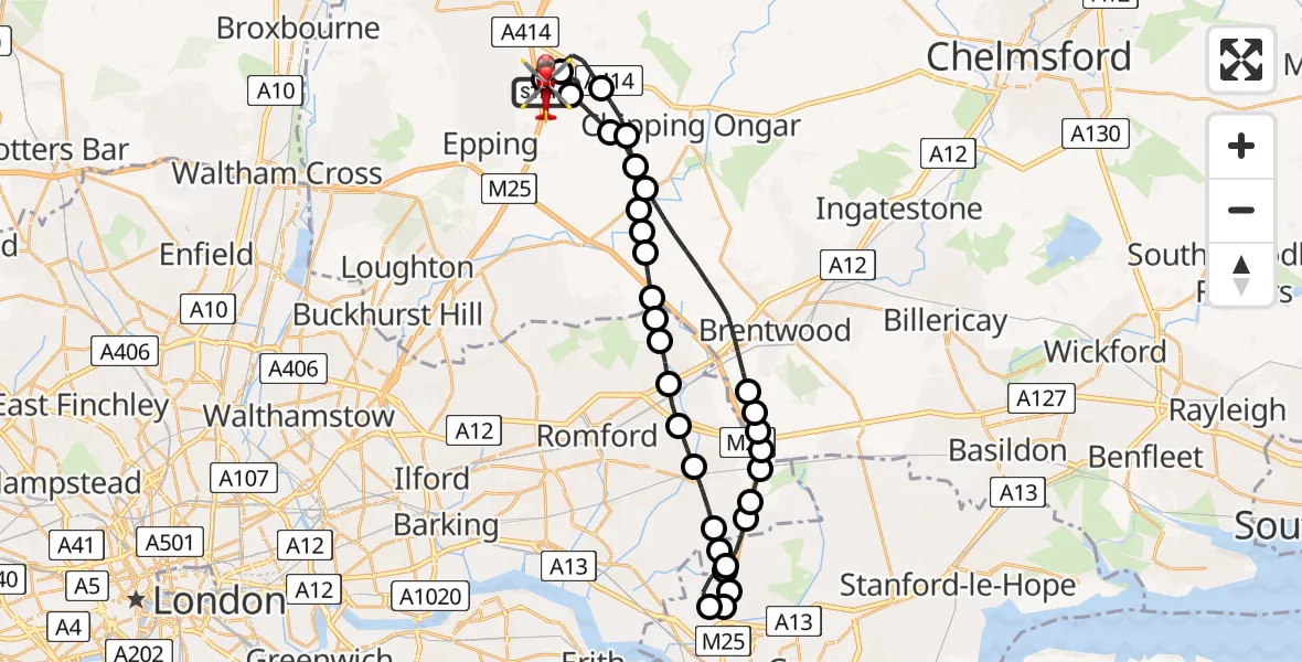 Flight route Air Ambulance Helicopter North Weald Airfield - North Weald Airfield, 05 August 2026, 12:05