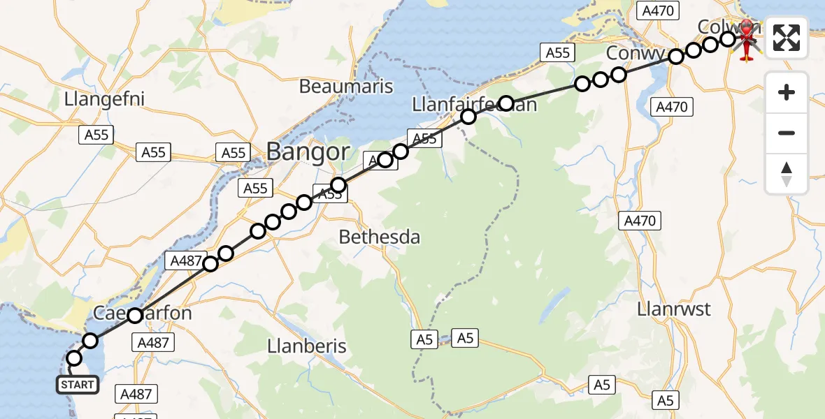 Flight route Air Ambulance Helicopter Caernarfon Airport - Colwyn Bay, 05 August 2026, 12:08
