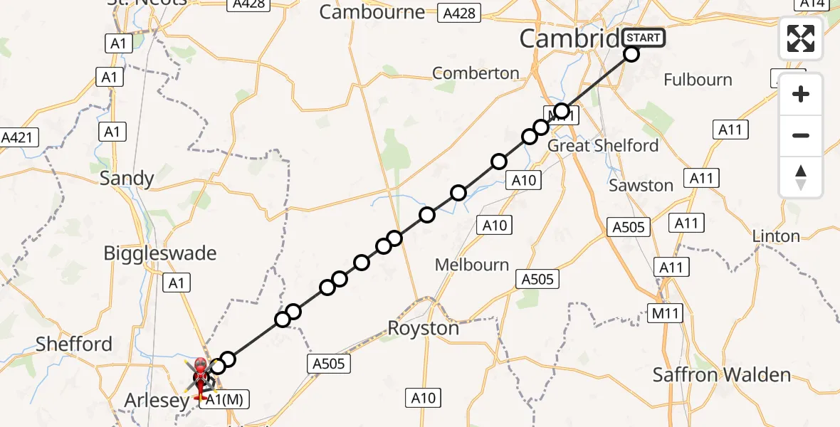 Flight route Air Ambulance Helicopter Cambridge City Airport - Stotfold, 05 August 2026, 12:15