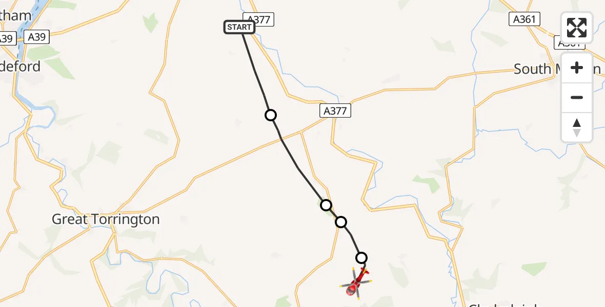 Flight route Air Ambulance Helicopter North Devon - Ashreigney, 05 August 2026, 12:17