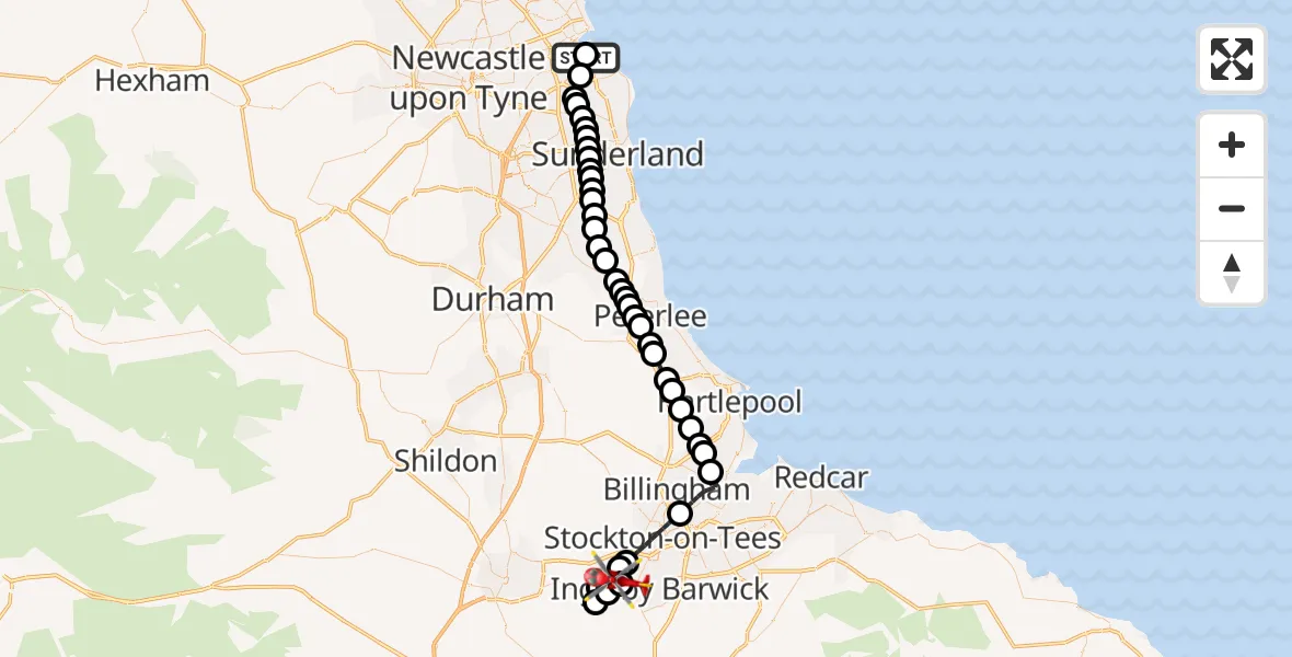 Flight route Air Ambulance Helicopter South Shields - Egglescliffe, 05 August 2026, 12:18
