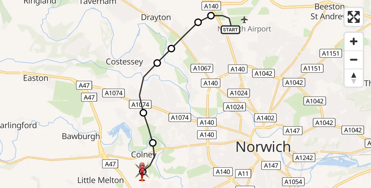 Flight route Air Ambulance Helicopter Norwich Airport - Norfolk & Norwich Hospital, 05 August 2026, 12:24
