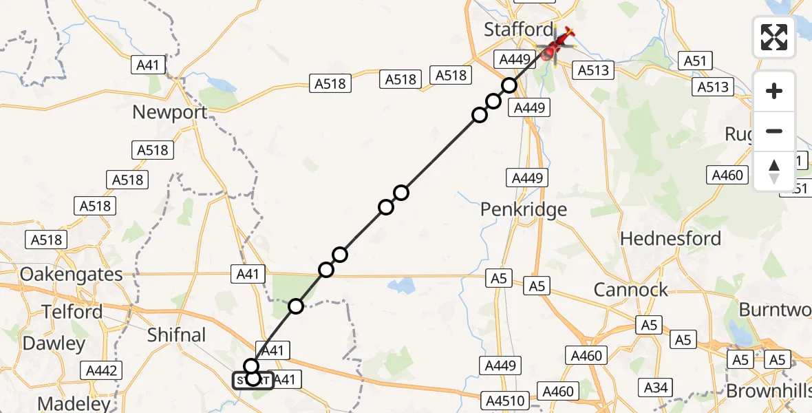 Flight route Air Ambulance Helicopter RAF Cosford - Stafford, 05 August 2026, 12:25