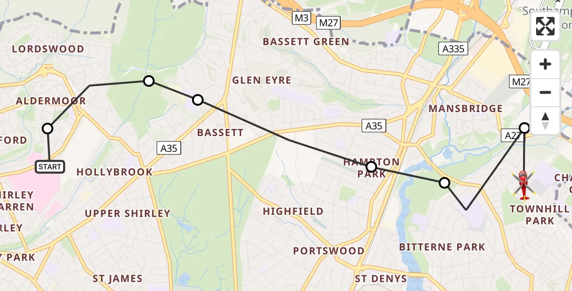 Flight route Air Ambulance Helicopter University Hospital Southampton - Townhill Park, 05 August 2026, 12:32