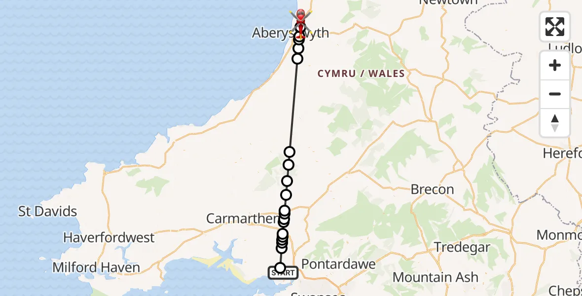Flight route Air Ambulance Helicopter Dafen - Bow Street, 05 August 2026, 12:38