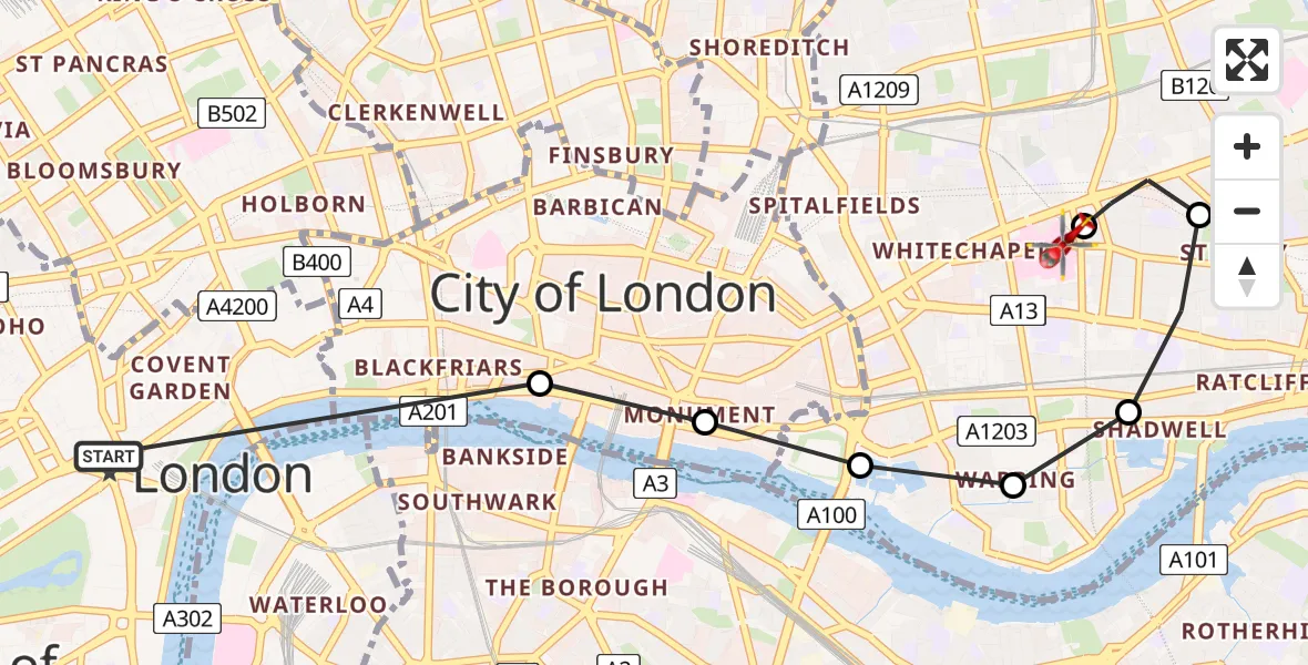 Flight route Air Ambulance Helicopter City of Westminster - Royal London Hospital, 05 August 2026, 12:39
