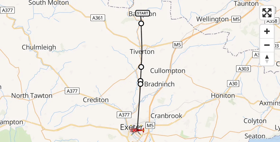 Flight route Air Ambulance Helicopter Bampton - Royal Devon & Exeter Hospital, 05 August 2026, 12:42