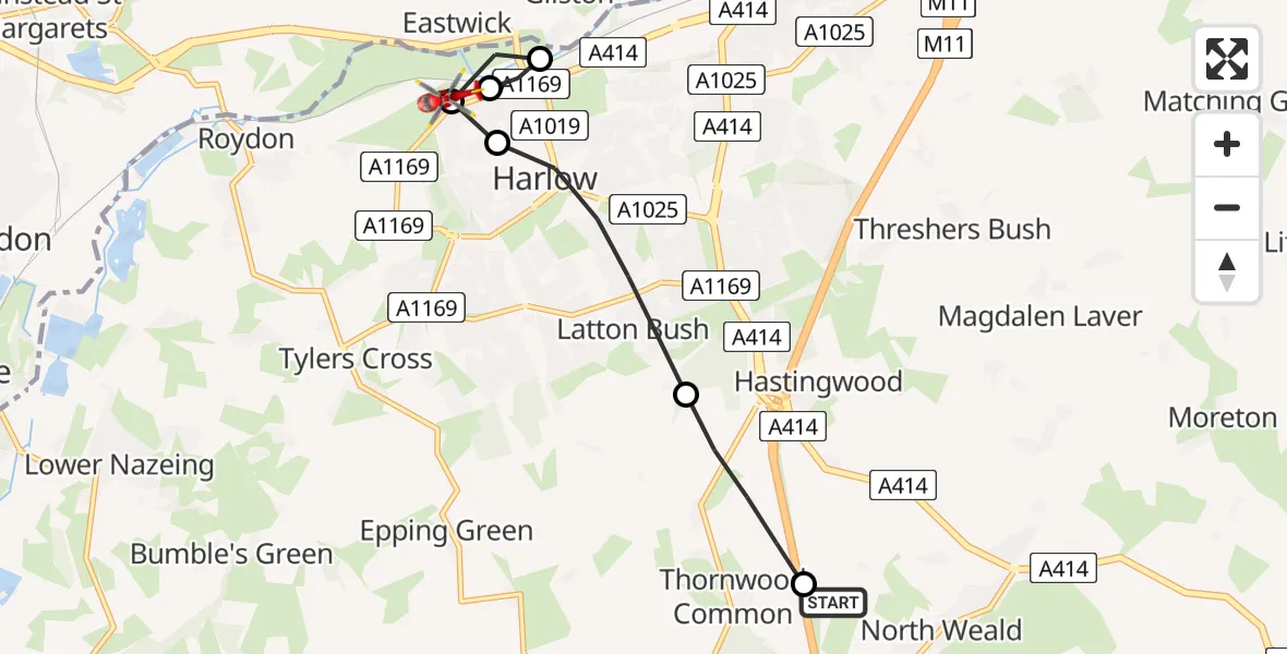 Flight route Air Ambulance Helicopter North Weald Airfield - Harlow, 05 August 2026, 12:43