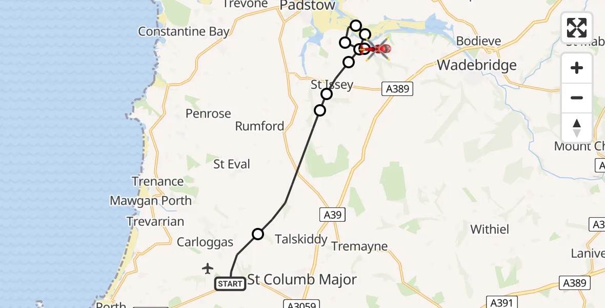 Flight route Air Ambulance Helicopter Cornwall Airport Newquay - St. Breock, 05 August 2026, 12:45