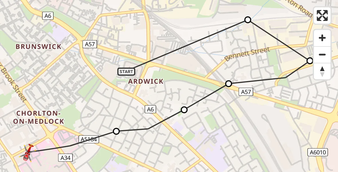 Flight route Air Ambulance Helicopter Ardwick - Ardwick, 05 August 2026, 12:58