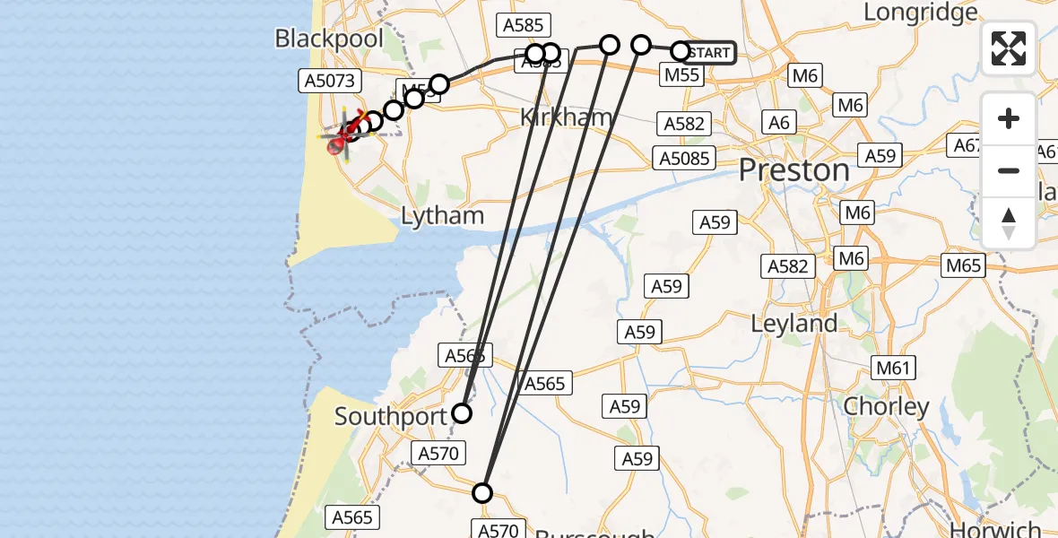 Flight route Air Ambulance Helicopter Woodplumpton - Blackpool Airport, 05 August 2026, 13:01