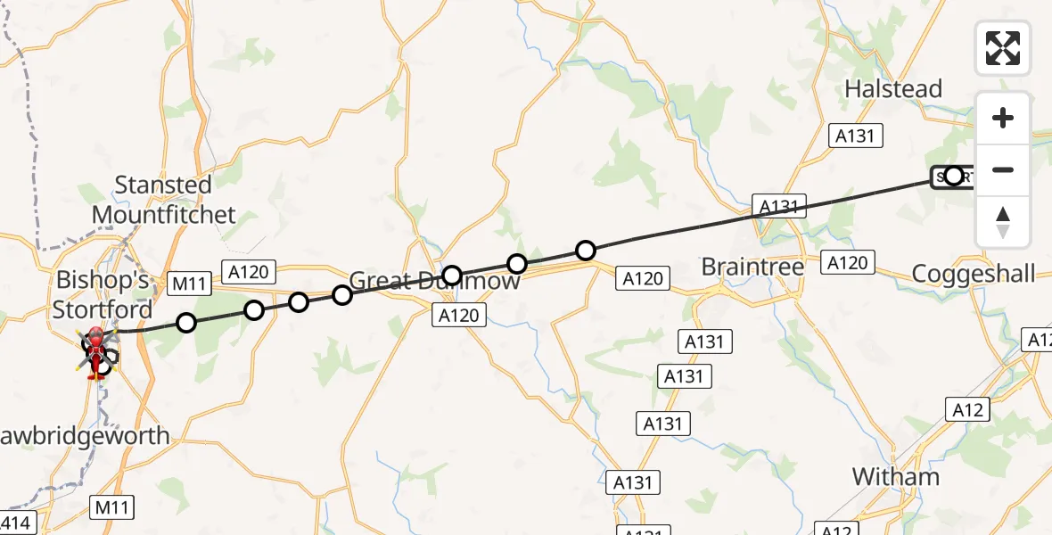 Flight route Air Ambulance Helicopter Earls Colne Airfield - Thorley, 05 August 2026, 13:01