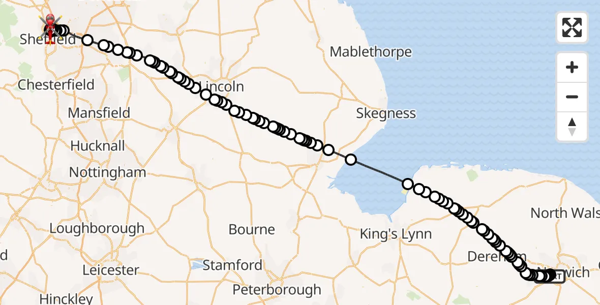 Flight route Air Ambulance Helicopter Norfolk & Norwich Hospital - Sheffield Northern Hospital, 05 August 2026, 13:02