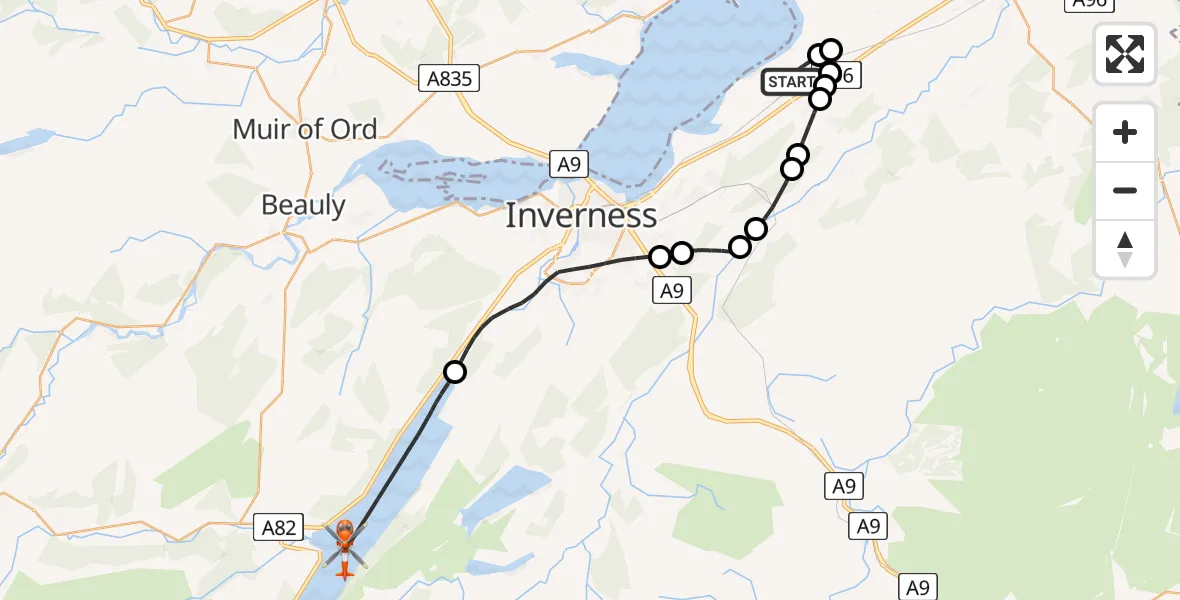 Flight route Coastguard Helicopter Inverness Airport - Loch Ness, 05 August 2026, 13:02