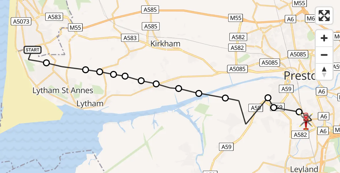 Flight route Air Ambulance Helicopter Blackpool Airport - Lostock Hall, 05 August 2026, 13:11