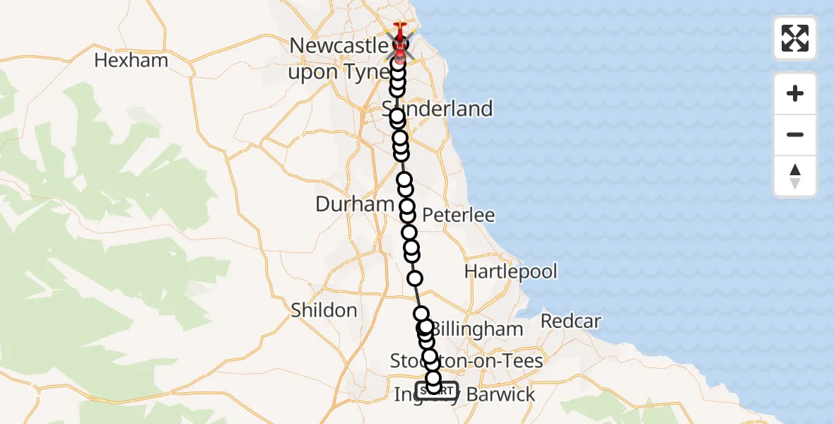 Flight route Air Ambulance Helicopter Egglescliffe - North Shields, 05 August 2026, 13:11