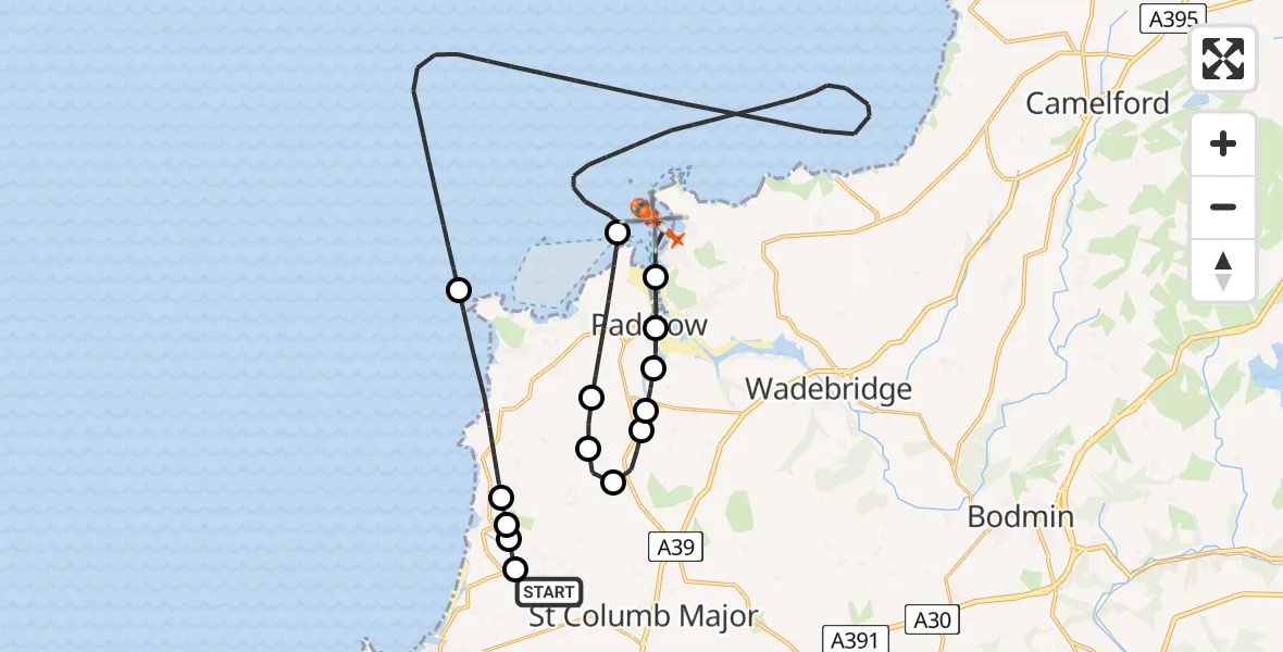 Flight route Coastguard Helicopter Cornwall Airport Newquay - New Polzeath, 05 August 2026, 13:11