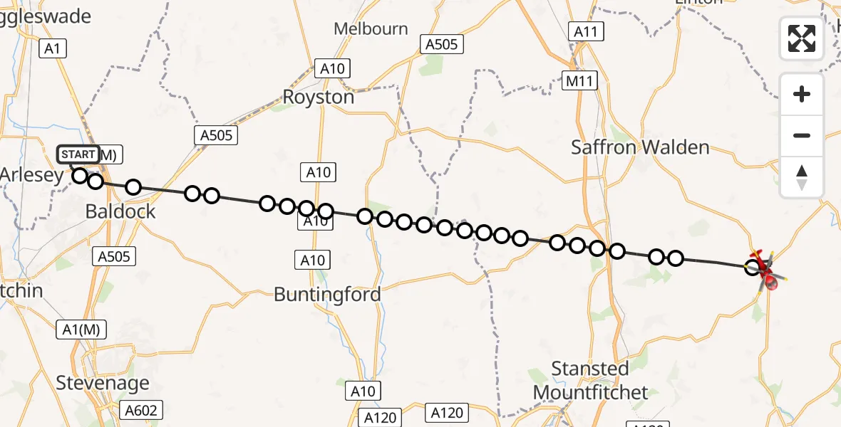 Flight route Air Ambulance Helicopter Stotfold - Thaxted, 05 August 2026, 13:14