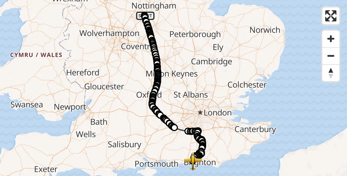 Flight route Police Aircraft East Midlands Airport - Brighton City Airport, 05 August 2026, 13:24