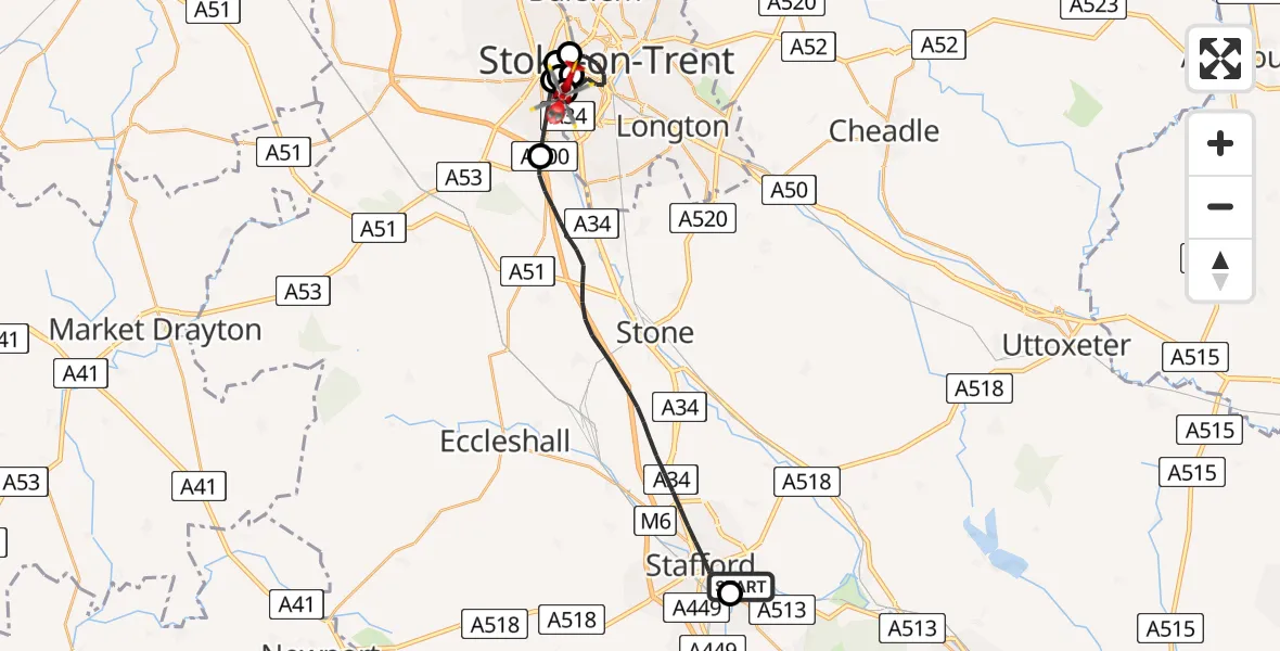 Flight route Air Ambulance Helicopter Stafford - University Hospital North Staffs, 05 August 2026, 13:27