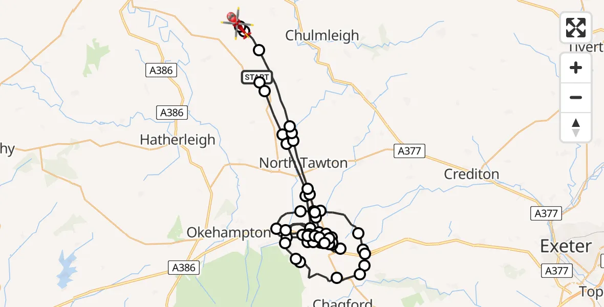 Flight route Air Ambulance Helicopter Winkleigh - Ashreigney, 05 August 2026, 13:30