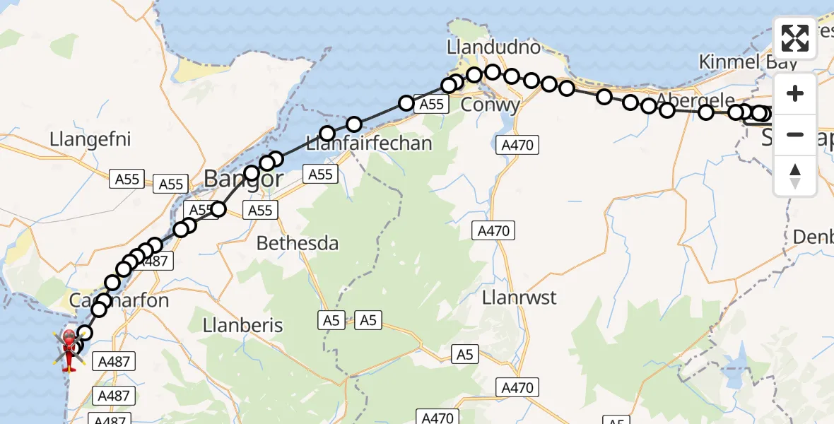 Flight route Air Ambulance Helicopter Ysbyty Glan Clywd Hospital Heliport - Caernarfon Airport, 05 August 2026, 13:34