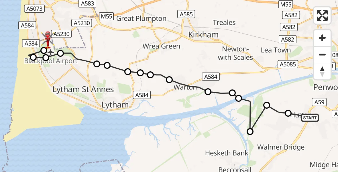 Flight route Air Ambulance Helicopter Hutton - Blackpool Airport, 05 August 2026, 13:35
