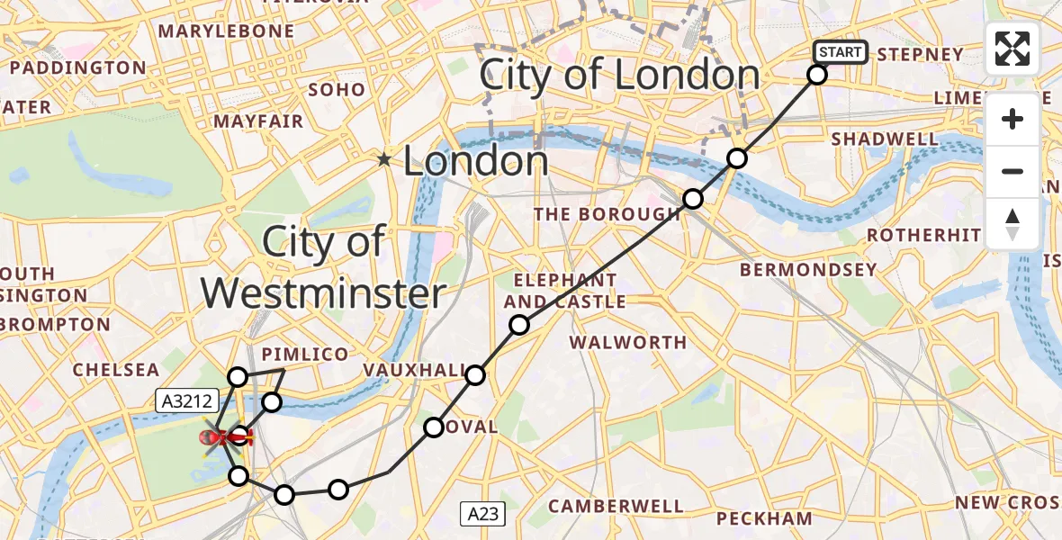 Flight route Air Ambulance Helicopter Royal London Hospital - Battersea, 05 August 2026, 13:39