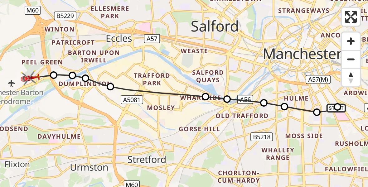 Flight route Air Ambulance Helicopter Ardwick - Irlam, 05 August 2026, 13:41