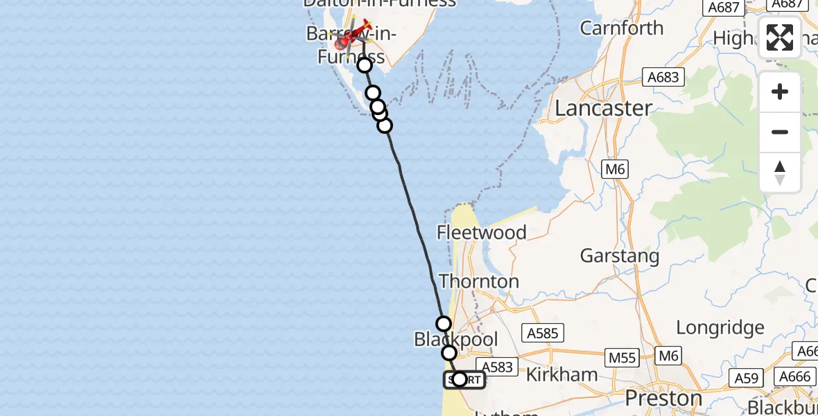 Flight route Air Ambulance Helicopter Blackpool Airport - Barrow-in-Furness, 05 August 2026, 13:45