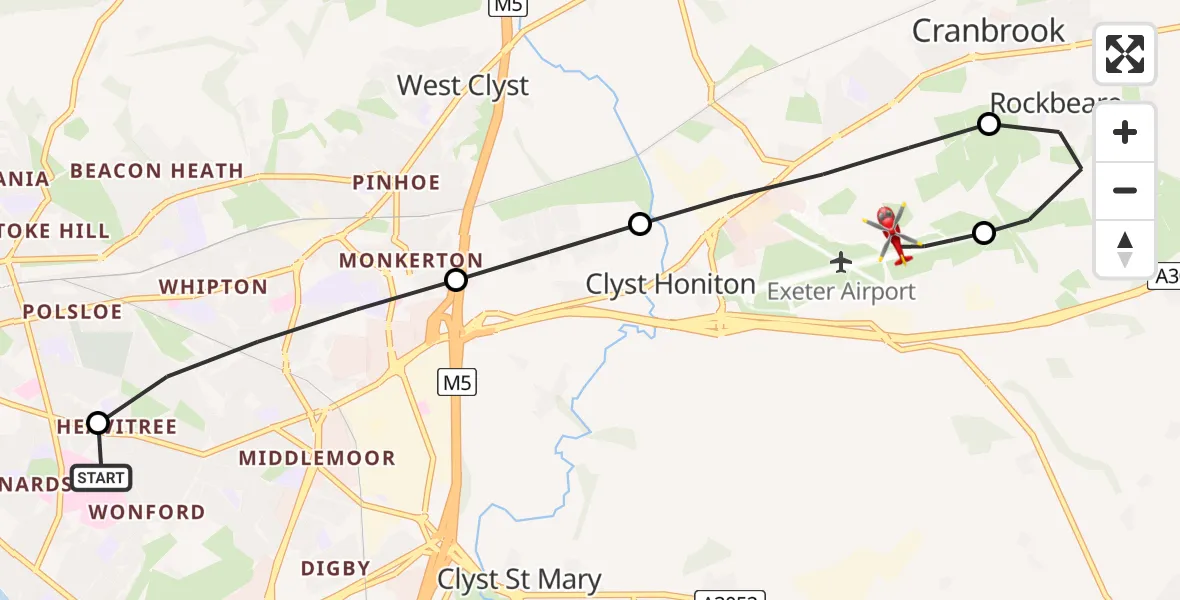 Flight route Air Ambulance Helicopter Royal Devon & Exeter Hospital - Exeter International Airport, 05 August 2026, 13:52
