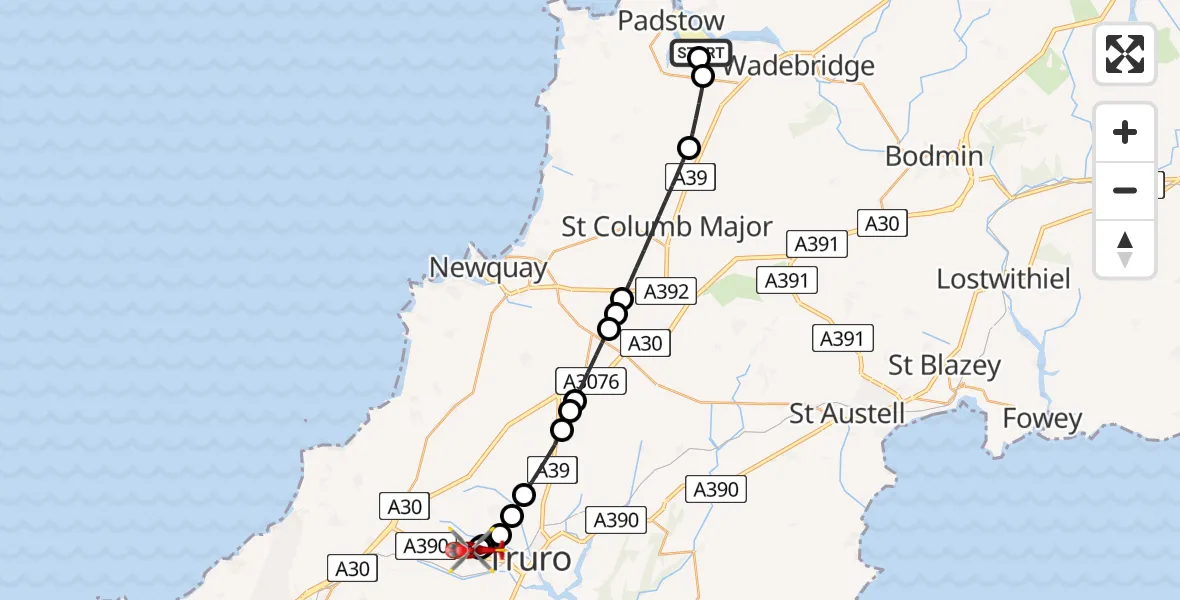 Flight route Air Ambulance Helicopter St Issey - Treliske Hospital, 05 August 2026, 13:53