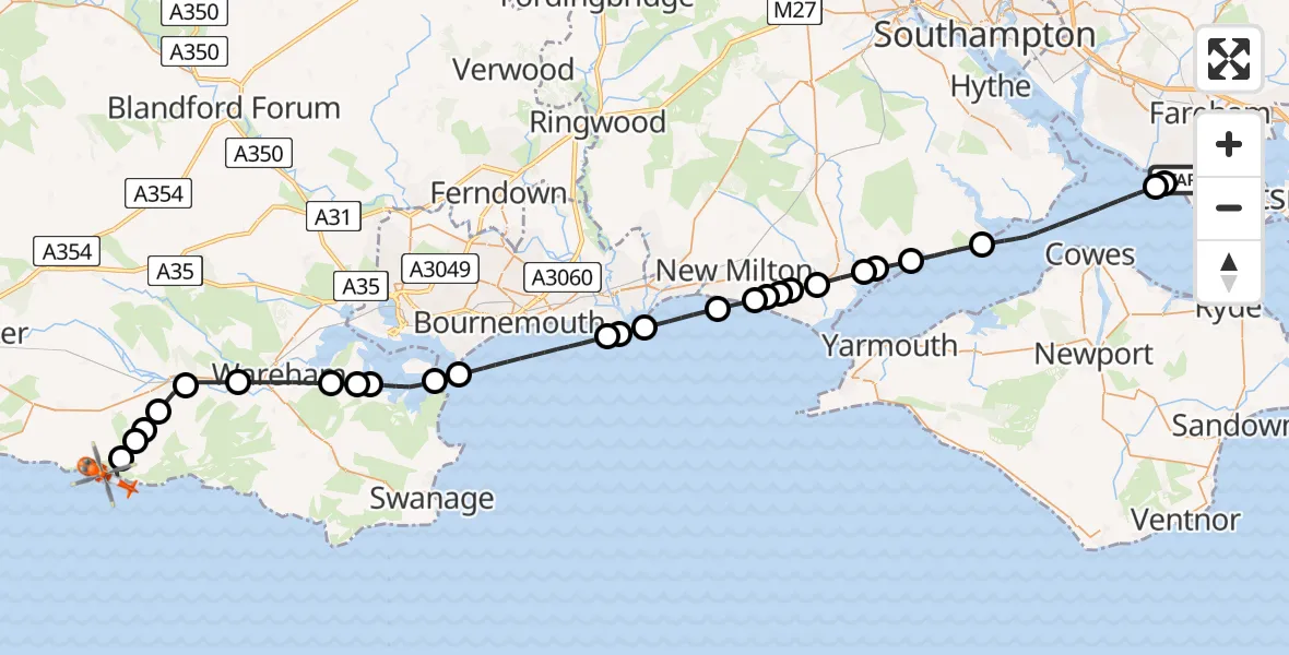 Flight route Coastguard Helicopter Solent Airport - West Lulworth, 05 August 2026, 13:57
