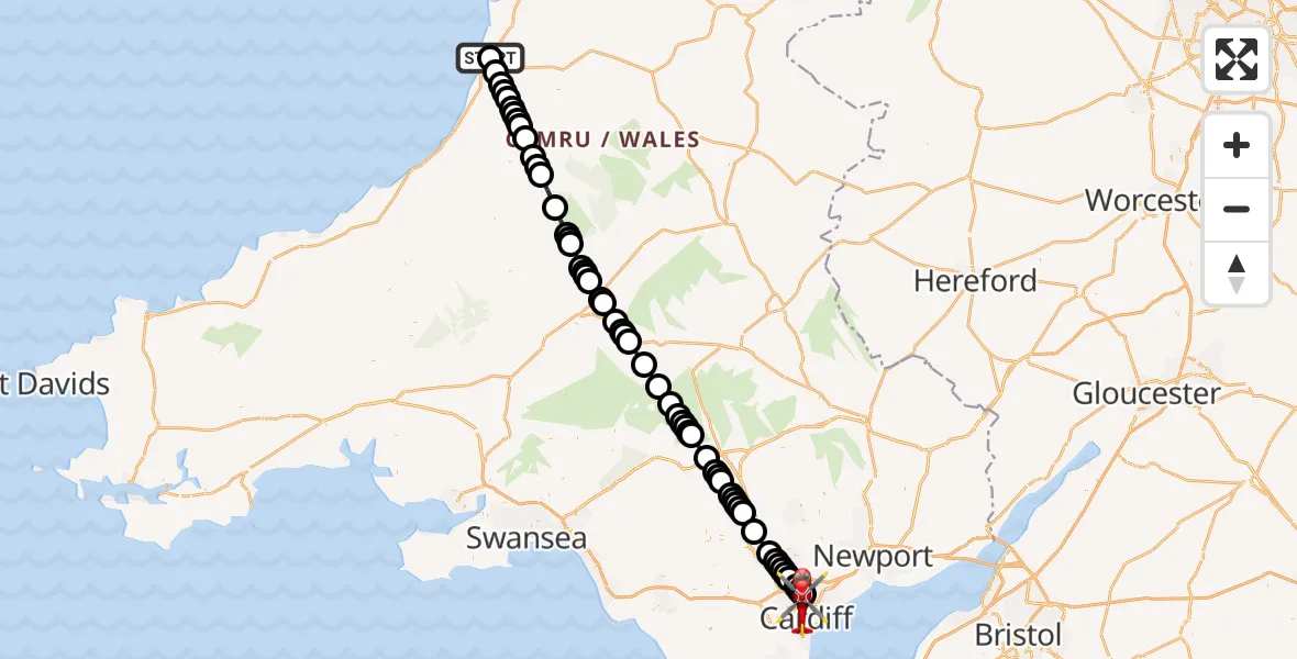Flight route Air Ambulance Helicopter Bow Street - Birchgrove, 05 August 2026, 13:58