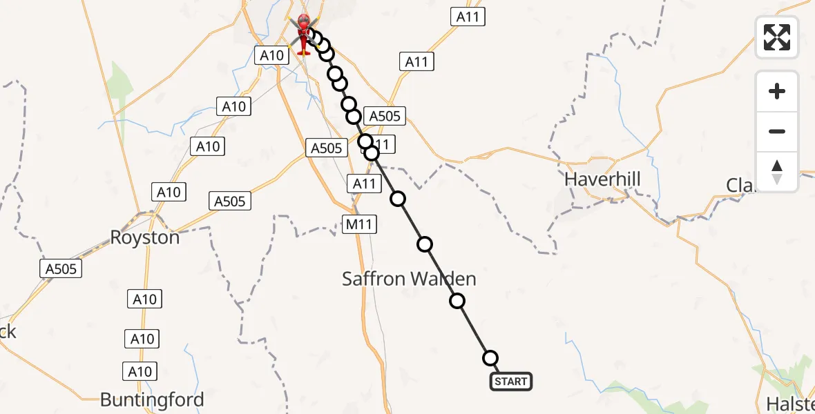 Flight route Air Ambulance Helicopter Thaxted - Papworth Hospital, 05 August 2026, 14:00