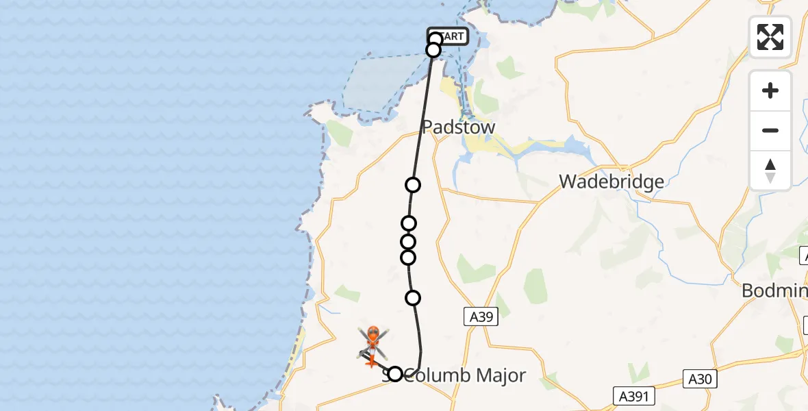 Flight route Coastguard Helicopter New Polzeath - Cornwall Airport Newquay, 05 August 2026, 14:03