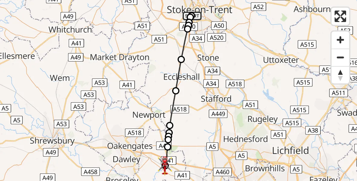 Flight route Air Ambulance Helicopter University Hospital North Staffs - Cosford, 05 August 2026, 14:06