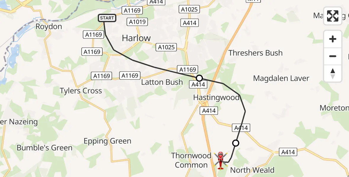 Flight route Air Ambulance Helicopter Harlow - North Weald Airfield, 05 August 2026, 14:10