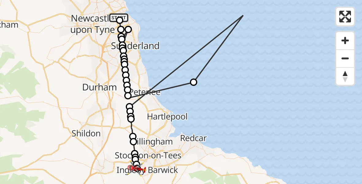 Flight route Air Ambulance Helicopter North Shields - Egglescliffe, 05 August 2026, 14:12