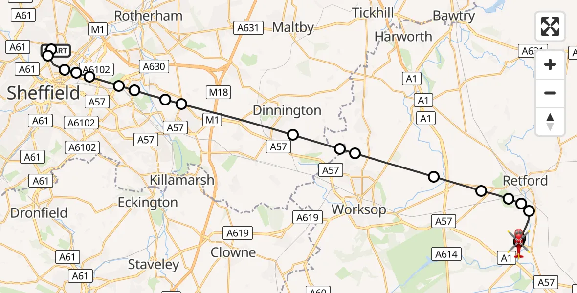 Flight route Air Ambulance Helicopter Sheffield Northern Hospital - Retford Gamston Airport, 05 August 2026, 14:29