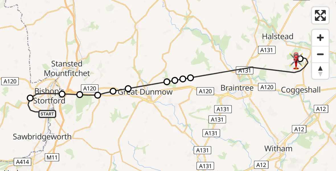 Flight route Air Ambulance Helicopter Thorley - Earls Colne Airfield, 05 August 2026, 14:33